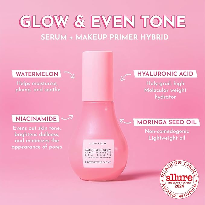 Glow Recipe Watermelon Niacinamide Dew Drops - Brightening, Plumping Hydrating Face Serum, Makeup Primer + Liquid Highlighter with Hyaluronic Acid - Dewy & Glowing Korean Skin Care (40ml)-GlimoraGlow