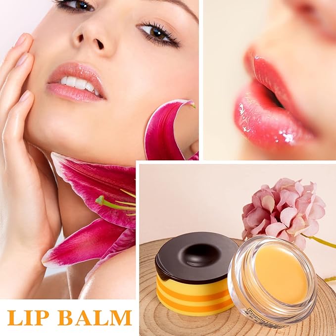 1PCS Bee Lip Balm Honey Pot,Honey Sleeping Lip Mask Bee Lip Balm with Applicator,Natural Moisturizing & Prevention Dry and Cracked Lip Scrubs Exfoliator-GlimoraGlow