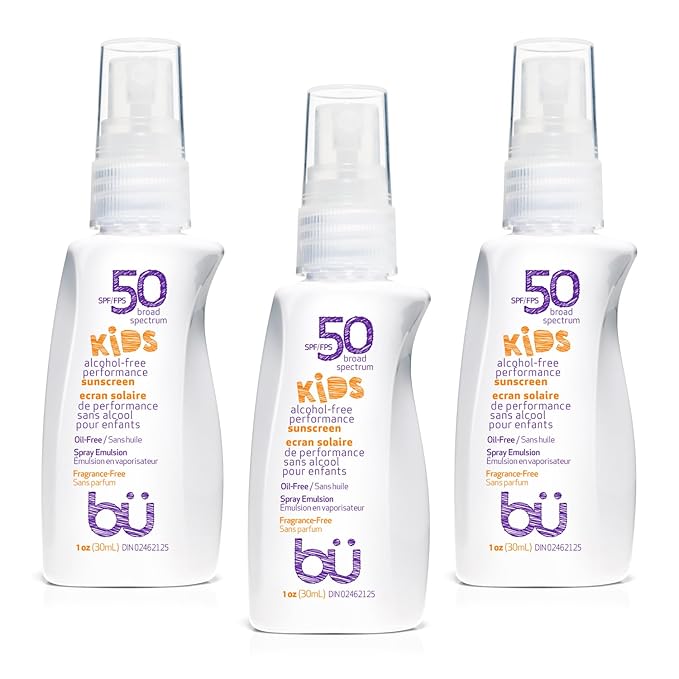 BU SPF 50 Kids Sunscreen Spray for Face and Body, Non Aerosol Spray, Fragrance Free, Clear, Non Greasy, Water Resistant, Fragrance Free 1 oz (3 Pack)-GlimoraGlow