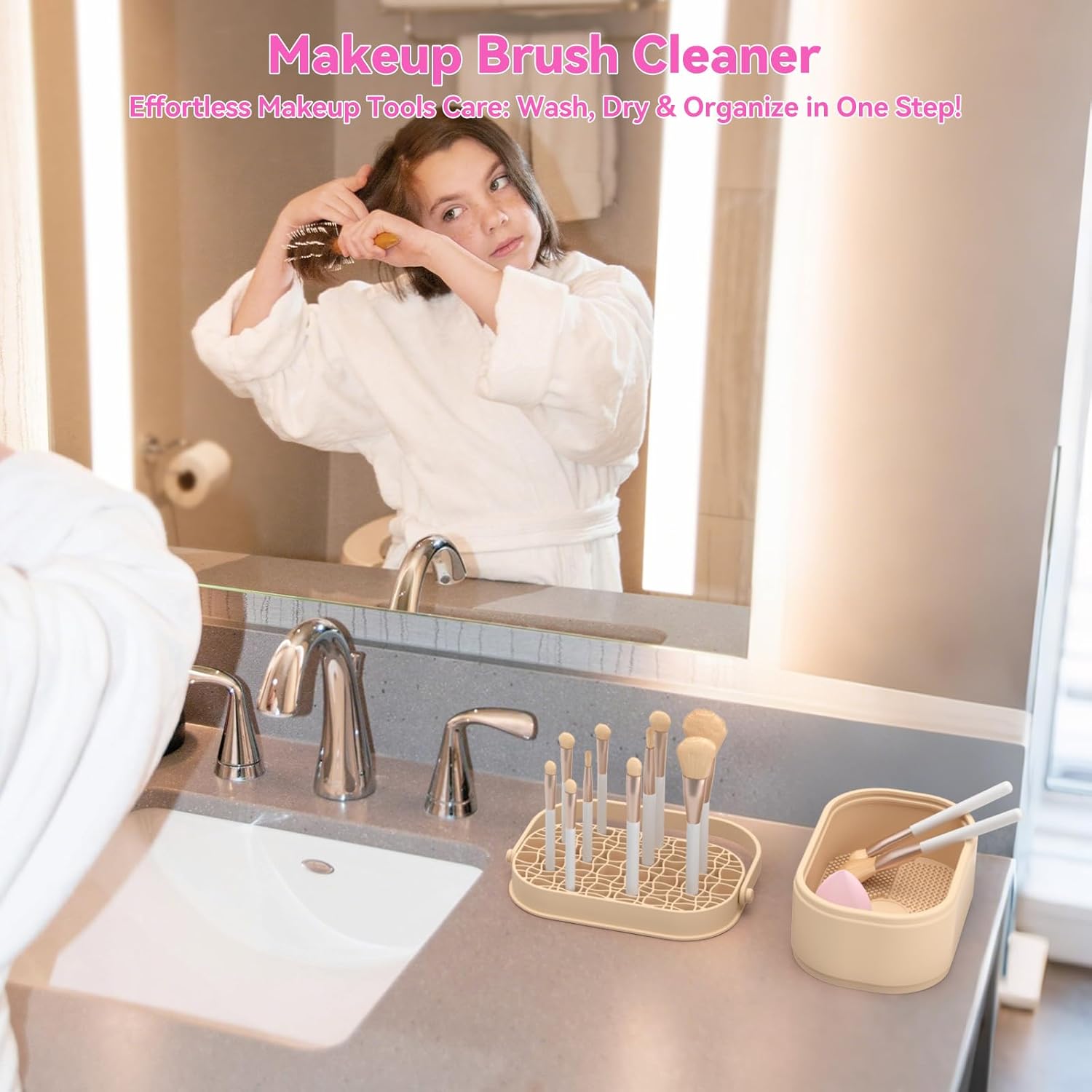 Makeup Brush Cleaner Mat 3 in 1 Makeup Brush Holder Silicone Makeup Brush Drying Rack Make Up Brush Cleaning Bowl Make Up Brush Cleaner Pad Cosmetic Storage Box Cleaning Tool for Sponge Powder Puff-GlimoraGlow