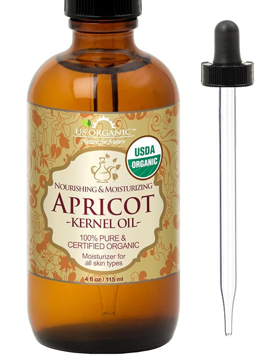 US Organic Apricot Kernel Oil, USDA Certified Organic,100% Pure & Natural, Cold Pressed Virgin, Unrefined in Amber Glass Bottle w/Glass Eyedropper for Easy Application (4 oz (Large))-GlimoraGlow