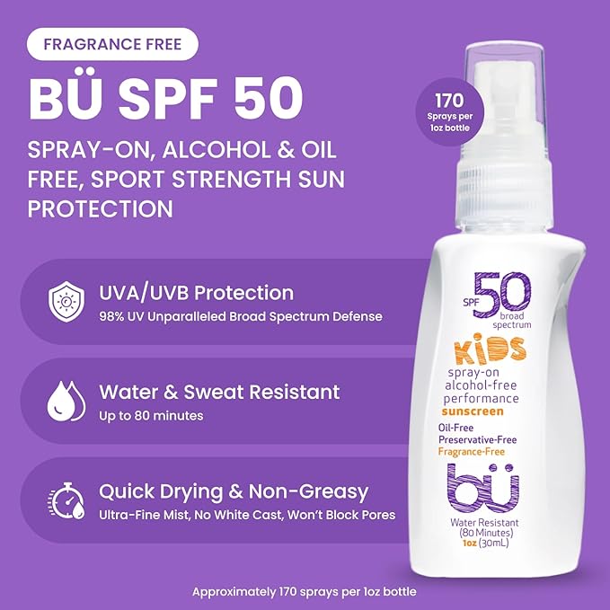 BU SPF 50 Kids Sunscreen Spray for Face and Body, Non Aerosol Spray, TSA Travel Size Sunscreen, Clear, Non Greasy, Water Resistant, Oil Free, Fragrance Free 1 oz-GlimoraGlow