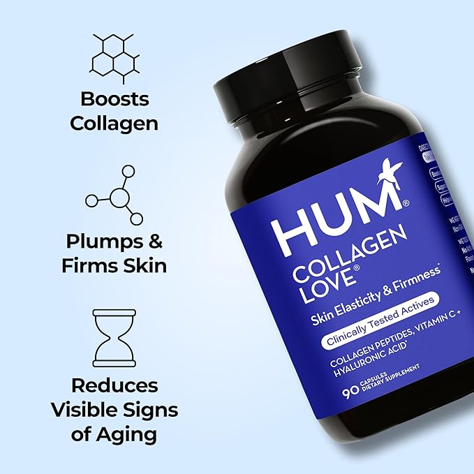 HUM Collagen Love Skin Supplement - Collagen Peptides w/Hyaluronic Acid & Vitamin C, Supports Firm Skin & Helps Minimize Signs of Aging - Supplements for Women and Men (90-Count)-GlimoraGlow