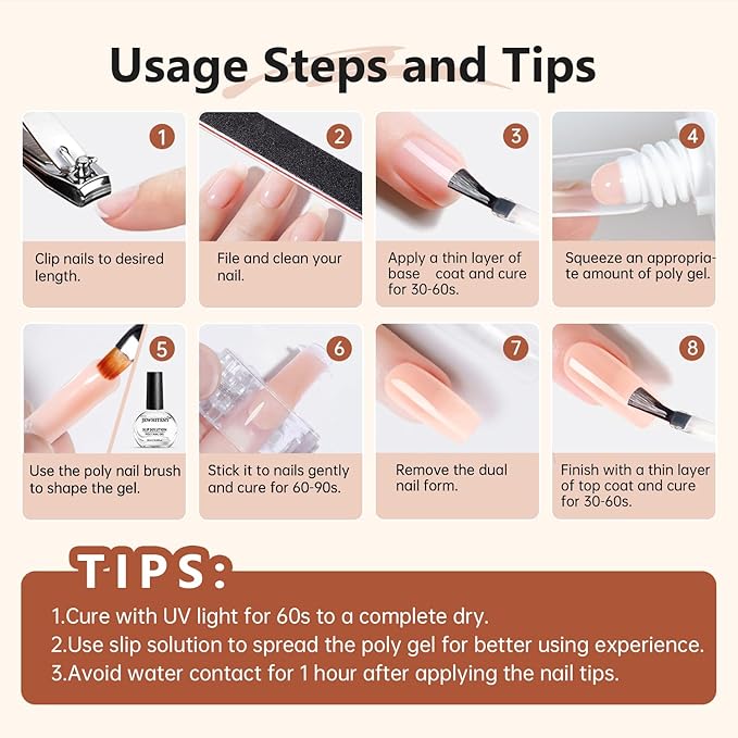 JEWHITENY Poly Extension Gel Nail Set Clear White Pink Poly Nail Gel With Slip Solution Base Coat Top Coat French Manicure for Finger Art and Home DIY Need U V Lamp Curing-GlimoraGlow