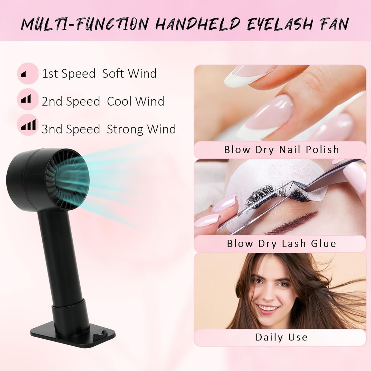 EMEDA Lash Shampoo Kit 2.02 fl oz Lash Cleaning Kit with Rechargeable Fan Dryer/Brush/Rinse Bottle, Oil-free Cleanser Wash for Extensions & Clusters & Natural Lashes, Cleaner for Eyelash Care(Black)-GlimoraGlow