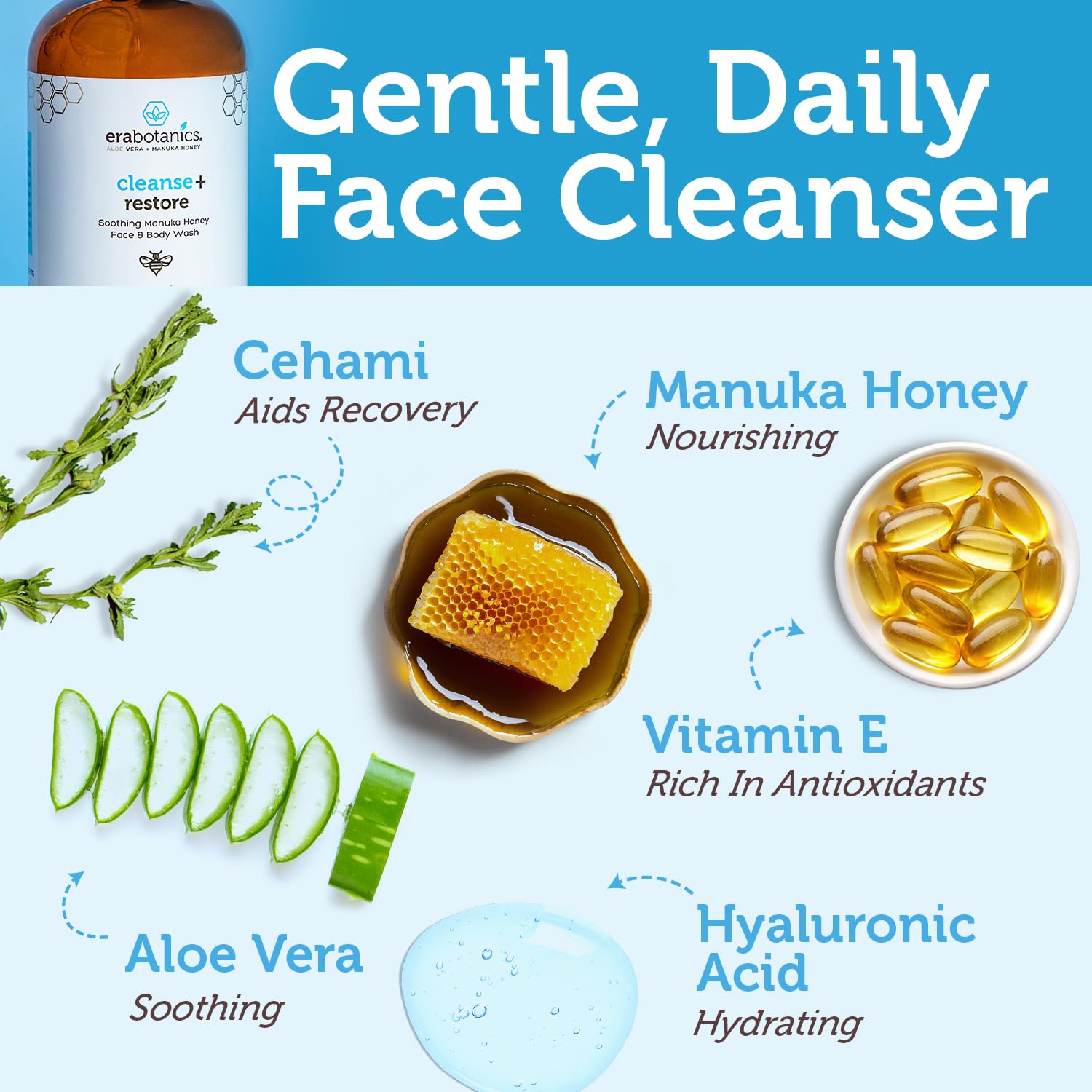 Era Organics Manuka Honey Face Wash for Women, Men - Sulfate Free Moisturizing Cleanser, Organic Aloe Vera - Soothing Plus Gentle on Dry Skin Facial Cleanser Made in USA - 8oz-GlimoraGlow