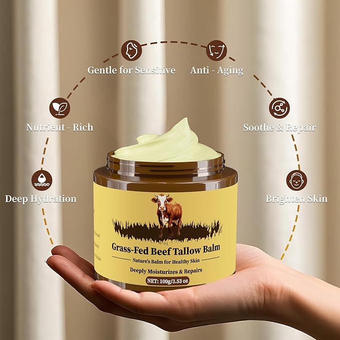Beef Tallow for Skin, Tallow and Honey Balm, Facial Moisturizer Cream, 100% Organic Grass Fed Whipped Beef Tallow Balm Deeply Moisturizing for Face & Body, Suitable For All Skin Types(3.53oz)-GlimoraGlow