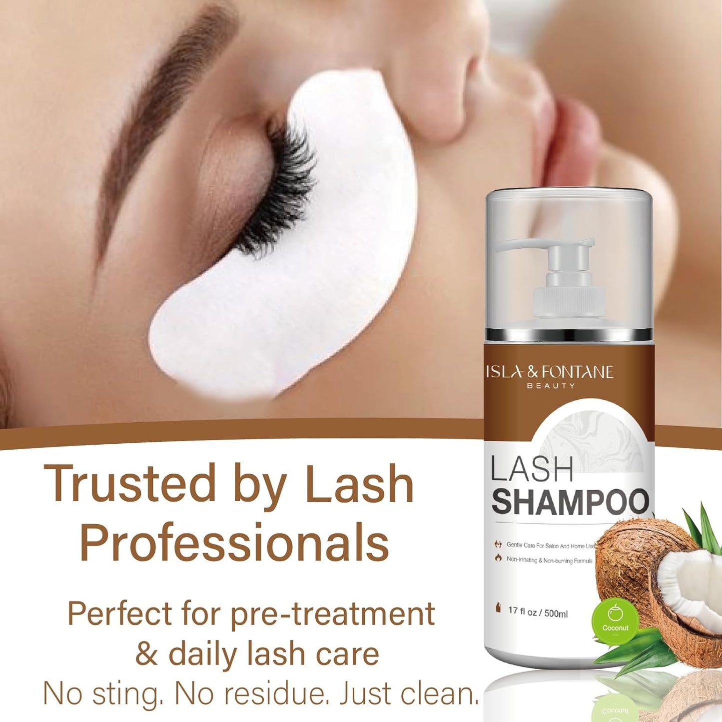 ISLA & FONTANE Lash Shampoo Bulk – Multi-Scent Series – 17 fl oz / 500ml | Gentle Eyelash Cleanser for Lash Extensions | Non-Irritating | Professional Lash Bath Foam For Salon And Home Use (Coconut)-GlimoraGlow