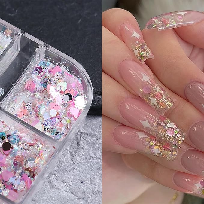 12 Grids Star Nail Art Glitter Sequins Heart Shaped Mermaid Nail Sequins Holographic Mermaid Nail Flakes Sticker Sequin Heart Nail Art Glitter for Women DIY Acrylic Nail Decoration-GlimoraGlow