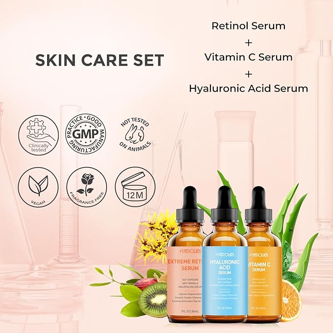 Facial Skin Care Set– Retinol Serum, Vitamin C & Hyaluronic Acid for Face – Anti Aging Face Serum Set for Women – Firm, Wrinkle Smoothing, Dark Spot Corrector, Brighten Dullness-GlimoraGlow