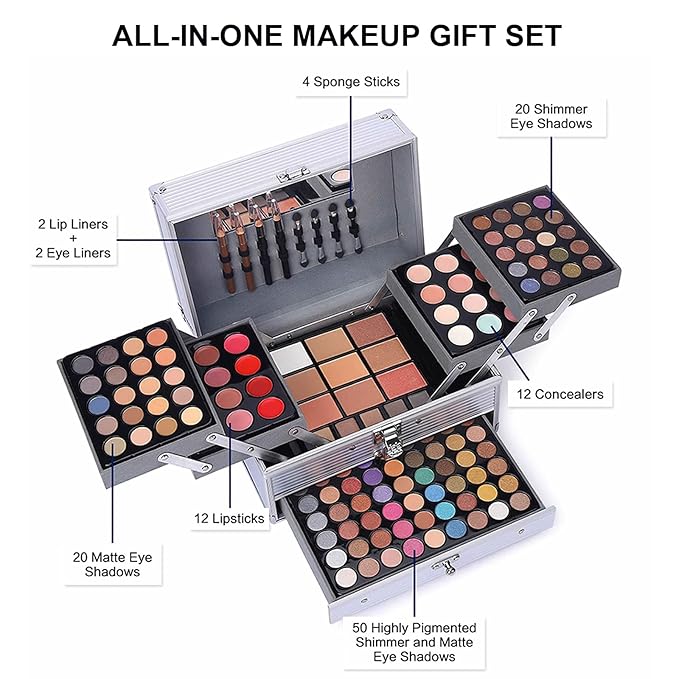 132 Color All- In- One Makeup For Women Full Kit,Professional Makeup Kit,Makeup Gift Set for Women,Girls&Teens,Include eyeshadow/lipstick/concealer/Lip Gloss/Eyeliner/Mascara（006N2-Silver）-GlimoraGlow