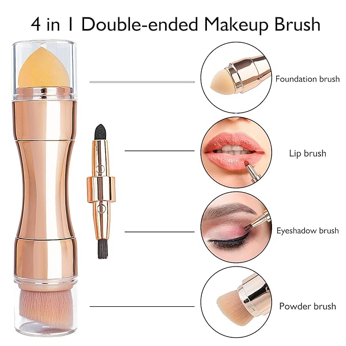 kullder 4 in 1 Makeup Brush Travel Makeup Brushes Blend Sponge, Eyebrow, Eyeshadow & Blush Brushes for Foundation Concealer Double Ended Makeup Brush with Powder Puff Women Ideal Gifts-GlimoraGlow