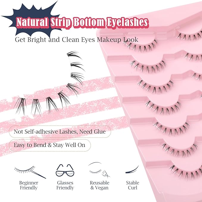 Lashes Natural Bottom Lashes 9mm Lower Strip Lashes Extention False Eyelashes Natural Look Wispy Bottom Eyelashes Fake Lashes Pack 7 Pairs-GlimoraGlow