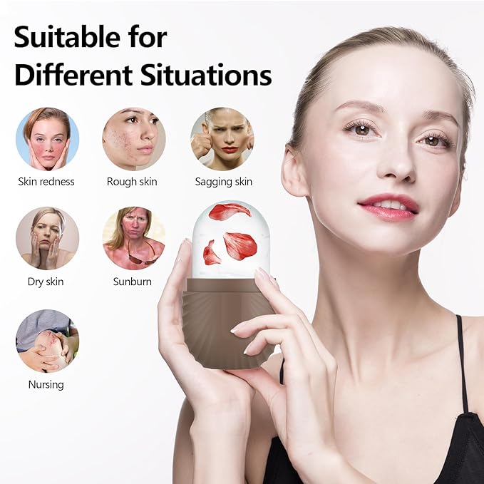 Ice Roller for Face and Eye, Silicone Ice Facial Roller Ice Holder, Face Ice Mold Skin Care, Face Icers Reusable Ice Cube Roller for Shrink Pores Anti Wrinkle Reduce Puffiness, Brown-GlimoraGlow