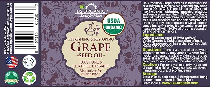US Organic Grape Seed Oil, USDA Certified Organic, 100% Pure & Natural, Cold Pressed Virgin, Unrefined, in Amber Glass Bottle w/Glass Eye dropper for Easy Application (2 oz (56 ml))-GlimoraGlow