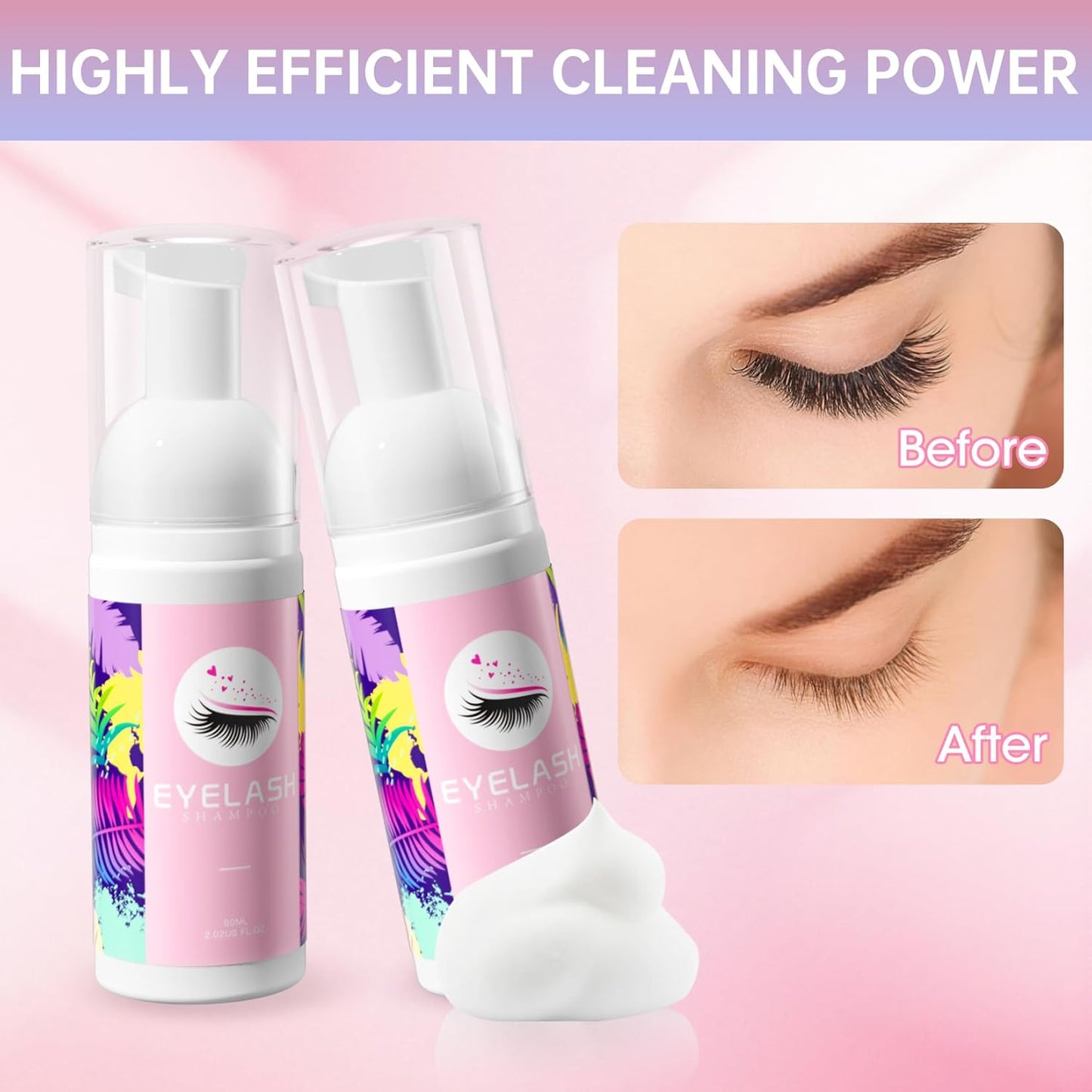 Buqikma Lash Cleaning Kit - 2PCS Lash Shampoo Eyelash Wash Kit with Fan Dryer Rinse Bottle for Eyelash Extensions Cleanser Mascara Remover Cleaning Brush for Lashes Extension Cleaner at Home Salon-GlimoraGlow