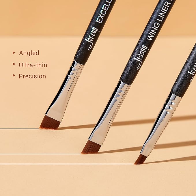 Jessup Angled Eyeliner Brush Set，3pcs Pro Precision Eye Liner Brush Fine Winged Ultra Thin Slanted Gel Liquid EyeLiner Makeup Brushes, Black T345-GlimoraGlow