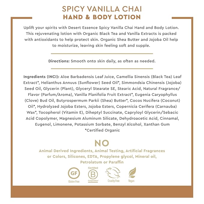 Desert Essence Spicy Vanilla Chai Hand & Body Lotion, Uplifting, Smoothes & Softens Skin, No Greasy Residue, Aloe Vera, Shea Butter, Vitamin E, 8 Fl Oz-GlimoraGlow