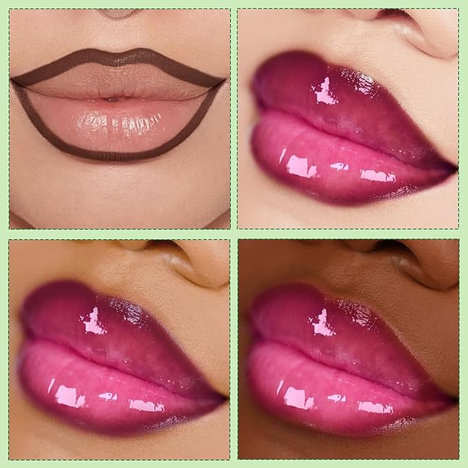 2 in 1 Solid Click Lip Gloss Pen With Brown Lip Liner Set Moisturizing Long Lasting Light Pink High Glossy Jelly Tinted Lip Balm Juicy Buildable Lip Plumper Makeup for Women-GlimoraGlow