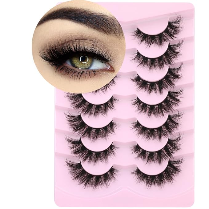 Mink Lashes False Eyelashes Wispy 3D Volume Cat Eye Faux Mink Eyelashes Natural Look 18mm Strip Eyelashes Pack 7 Pairs by Kiromiro-GlimoraGlow