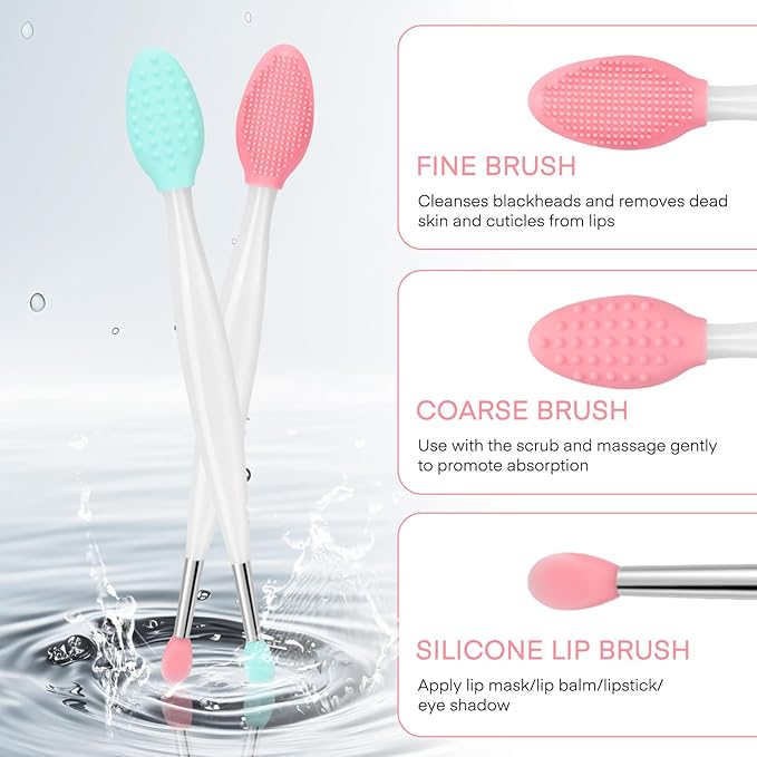Unaone Lip Scrub Brush - 2 PCS Dual-ended Lip Scrubber Exfoliator and Silicone Lip Brush, 3-in-1 Silicone Lip Scrub Tool Lip Mask Applicator, Gentle Exfoliator & Applicator for Soft-GlimoraGlow