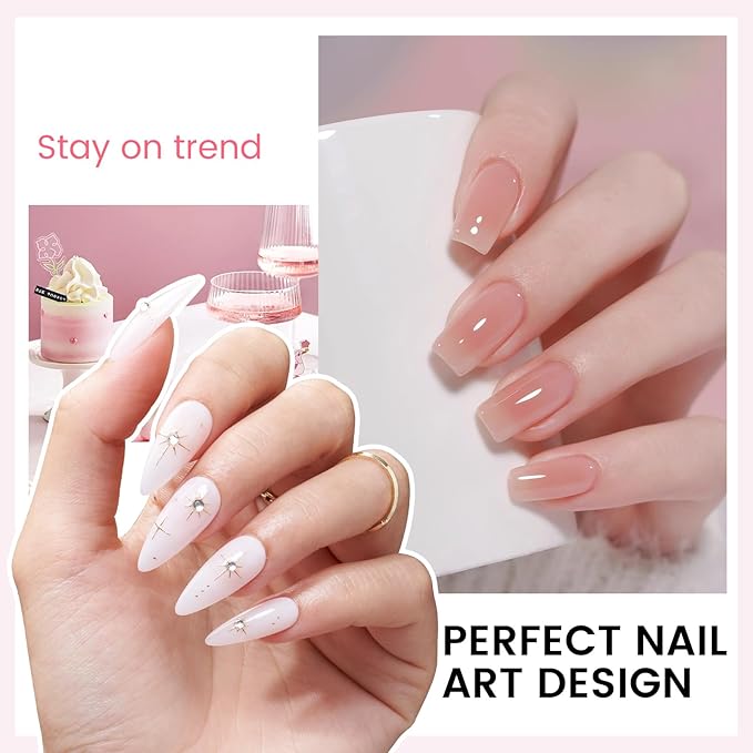 Jelly Gel Nail Polish Kit with U V Light, Hema-Free Milky Jelly White Pink Nude Orange Gel Polish Set with Base & Top Coat Chrome Nail Powder, 4 Colors Mini Salon Nail Art Starter Gift for Women Girl-GlimoraGlow