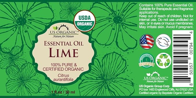 US Organic Lime Essential Oil - Certified Organic, Steam Distilled - W/Euro droppers (More Size Variations Available) (30 ml / 1 fl oz)-GlimoraGlow