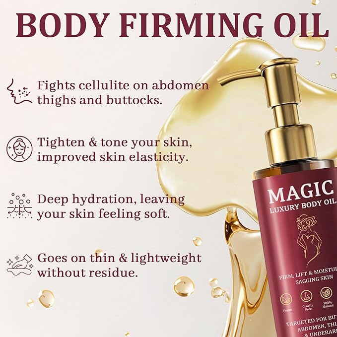Magic Body Firming Oil, Luxury Body Oil for Crepe Skin, Tightening & Hydrating Body Oil After Shower with Vitamin E and Rosehip, Non-Greasy Body Serum Oil for Thighs, Arms, Chest, 100ML / 3.38 Fl Oz-GlimoraGlow