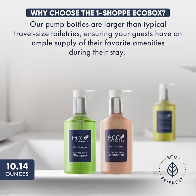1-Shoppe Eco Botanics 20 Piece Ecobox All-In-Kit | White Tea and Honey Soap | 6 Shampoo, 4 Conditioner, 6 Body Wash & 4 Lotion | 10.14oz Hotel Soaps and Toiletries Bulk | Personal Care Products-GlimoraGlow