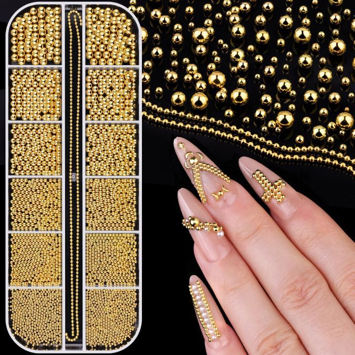 1-3MM Mini Small Nail Beads Metal Caviar Bead Gold Nail Charms and Gems Ball, Nail Chain for Nail Art Accessories Supplies Gold Rhinestones for Women Manicure-GlimoraGlow