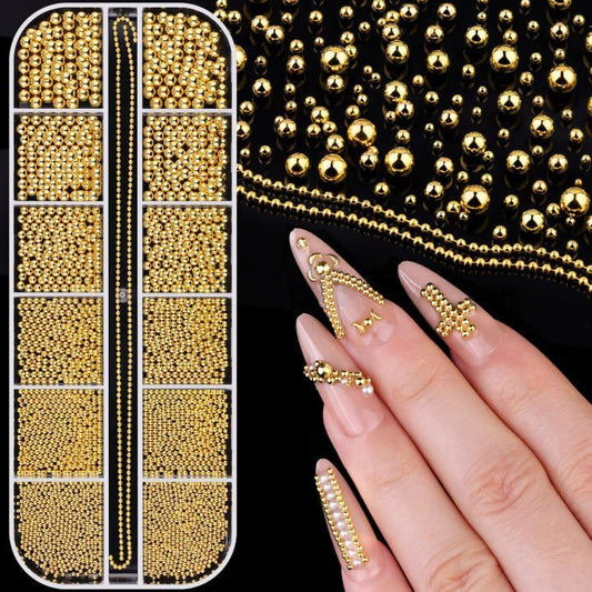 1-3MM Mini Small Nail Beads Metal Caviar Bead Gold Nail Charms and Gems Ball, Nail Chain for Nail Art Accessories Supplies Gold Rhinestones for Women Manicure-GlimoraGlow