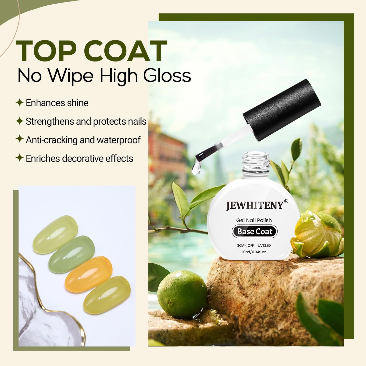 JEWHITENY 2 Bottles 10ML Gel Top Coat and Base Coat Set Gel Polish Long Lasting Glossy Shine Effect DIY Nail Art Design Need U V Lamp Curing-GlimoraGlow