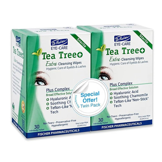 Dr. Fischer Tea Tree Oil Eye Wipes - Eyelid Wipes for Sensitive Eyes with Hyaluronic Acid and Chamomile, Makeup Remover, Daily Cleanser (60 wipes)-GlimoraGlow