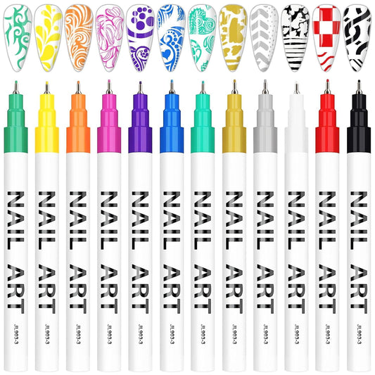 12 Color 3D Nail Art Pens Set, Kalolary 0.5MM Nail Pens Nail Point Graffiti Dotting Pen Drawing Painting Liner Brush for DIY Nail Art Beauty Adorn Manicure Tools-GlimoraGlow