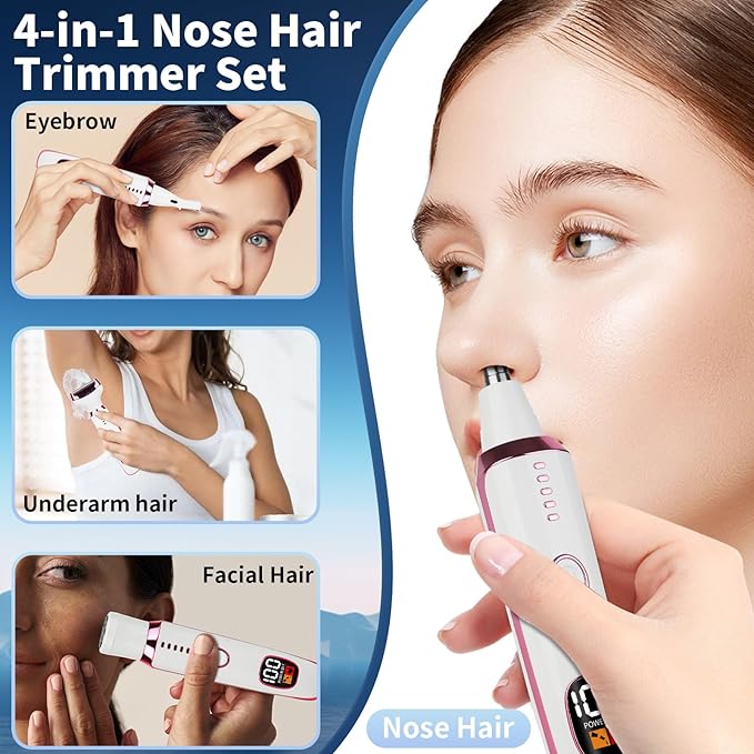 2025 Rechargeable Nose and Ear Hair Trimmer with LED Dispaly for Women Men,4 in 1 Painless Eyebrow & Facial Hair Trimmer with Powerful Motor,Ladies Wet & Dry Electric Razor (White)-GlimoraGlow