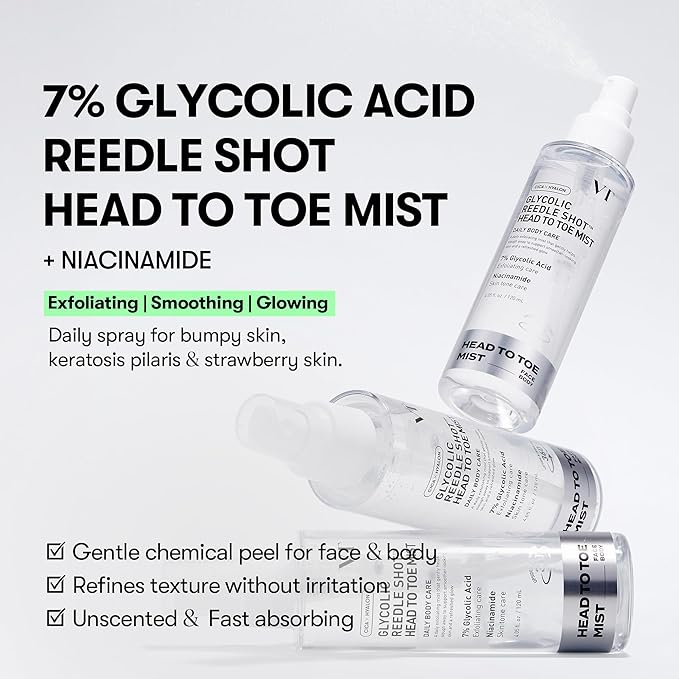 VT COSMETICS 7% Glycolic Acid Reedle Shot Head-to-Toe Mist with Niacinamide, Exfoliating Spray for Bumpy & Strawberry Skin, Dark Spots, Skin Texture, Keratosis Pilaris, Korean Skincare (4.05 fl oz)-GlimoraGlow