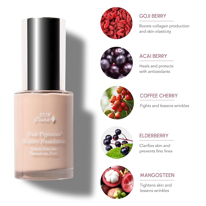 100% PURE Healthy Foundation Full Face Coverage Makeup, Liquid Matte Finish with Anti-Aging Benefits - Vegan - Gorgeous Fruit Pigmented Creme Color - (Fair with Warm Undertones) - 1 Fl Oz-GlimoraGlow