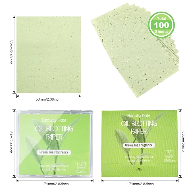 Oil Blotting Sheets for Face, Blotting Paper For Oily Skin Green Tea 100 sheets with Portable Mirror Case & Makeup Puff, Oil Absorbing Sheets For Face-GlimoraGlow