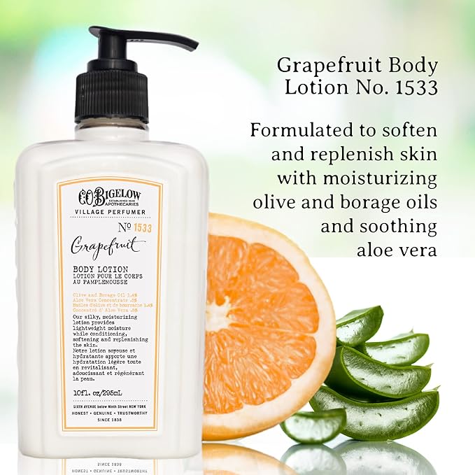 C.O. Bigelow Grapefruit Body Lotion, Village Perfumer Moisturizing Body Lotion with Aloe Vera, Borage Oil & Olive Oil, 10 Fl Oz-GlimoraGlow