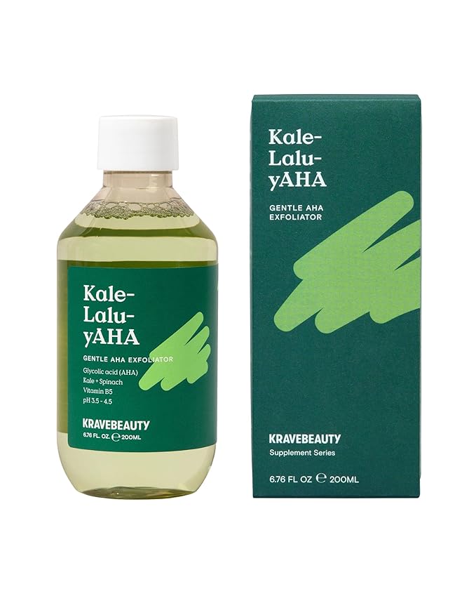 Krave Beauty Kale-Lalu-yAHA - Gentle 5.25% AHA Exfoliator with Glycolic Acid, Hyaluronic Acid, and Vitamin-Rich Kale for Texture, Discoloration, and Dead Skin Cells, Vegan and Cruelty-Free, 6.76 fl oz-GlimoraGlow