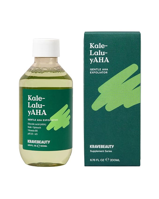 Krave Beauty Kale-Lalu-yAHA - Gentle 5.25% AHA Exfoliator with Glycolic Acid, Hyaluronic Acid, and Vitamin-Rich Kale for Texture, Discoloration, and Dead Skin Cells, Vegan and Cruelty-Free, 6.76 fl oz-GlimoraGlow