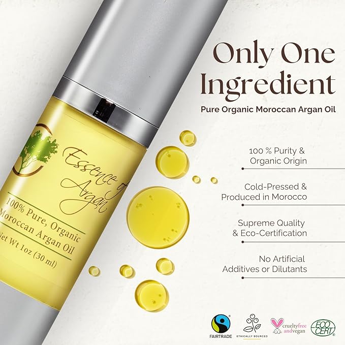 Essence Of Argan 100% Pure Moroccan Organic Argan Oil - Natural EcoCert Oil that Nourishes, Conditions and Moisturizes Your Skin, Hair and Nails (30ml/1oz)-GlimoraGlow