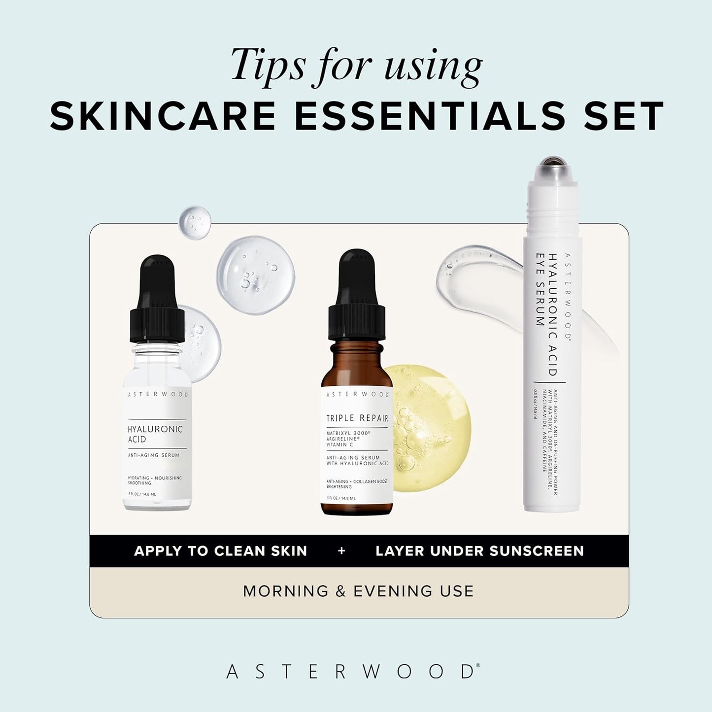 Asterwood Skin Care Set - with Hyaluronic Acid & Triple Repair Serums, Under Eye Serum - Skincare Essentials - Hydrating, Moisturzing, Anti-Aging - Fragrance-Free-GlimoraGlow