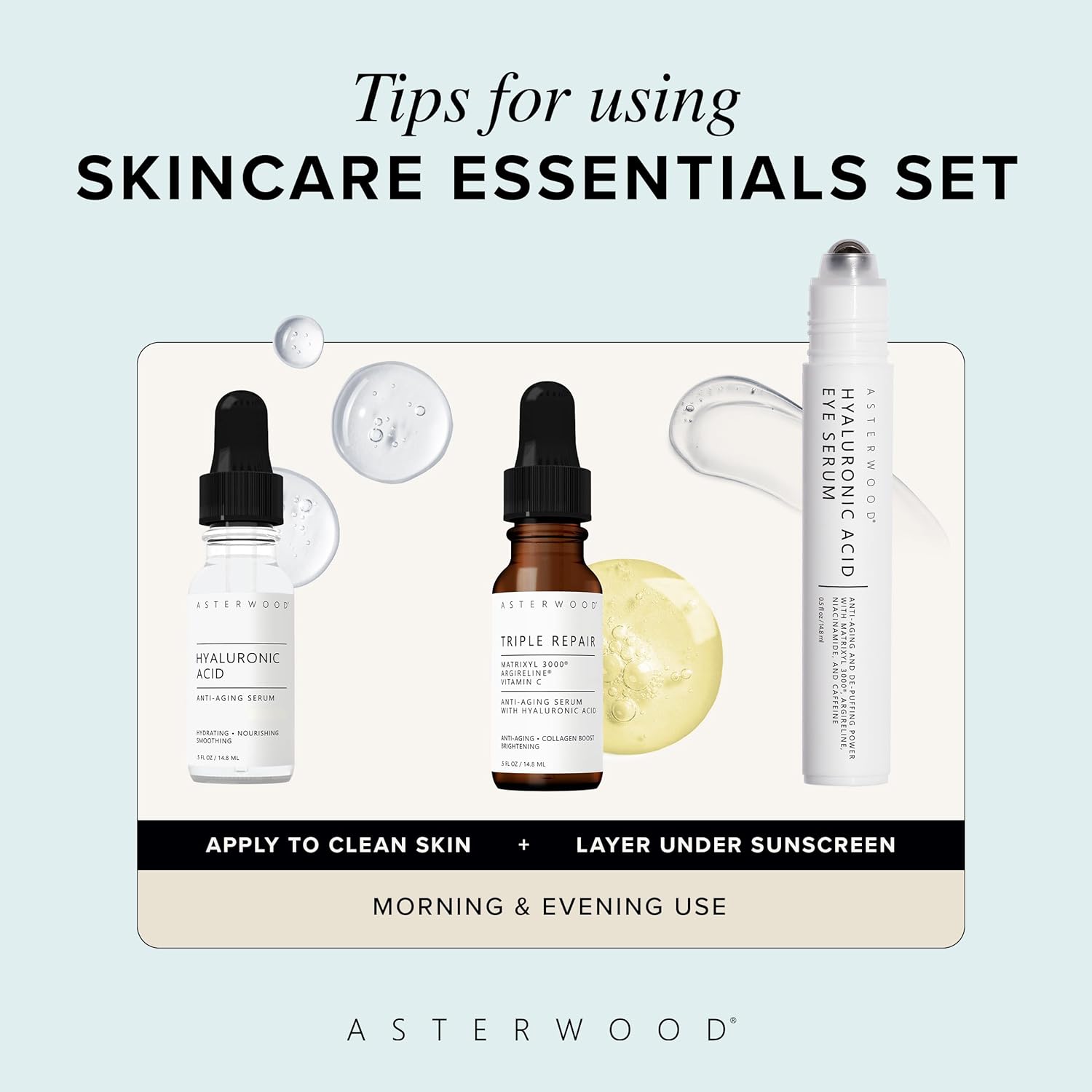 Asterwood Skin Care Set - with Hyaluronic Acid & Triple Repair Serums, Under Eye Serum - Skincare Essentials - Hydrating, Moisturzing, Anti-Aging - Fragrance-Free-GlimoraGlow
