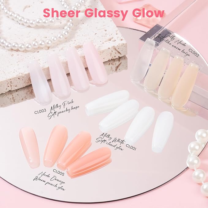 Jelly Gel Nail Polish Kit with U V Light, Hema-Free Milky Jelly White Pink Nude Orange Gel Polish Set with Base & Top Coat Chrome Nail Powder, 4 Colors Mini Salon Nail Art Starter Gift for Women Girl-GlimoraGlow