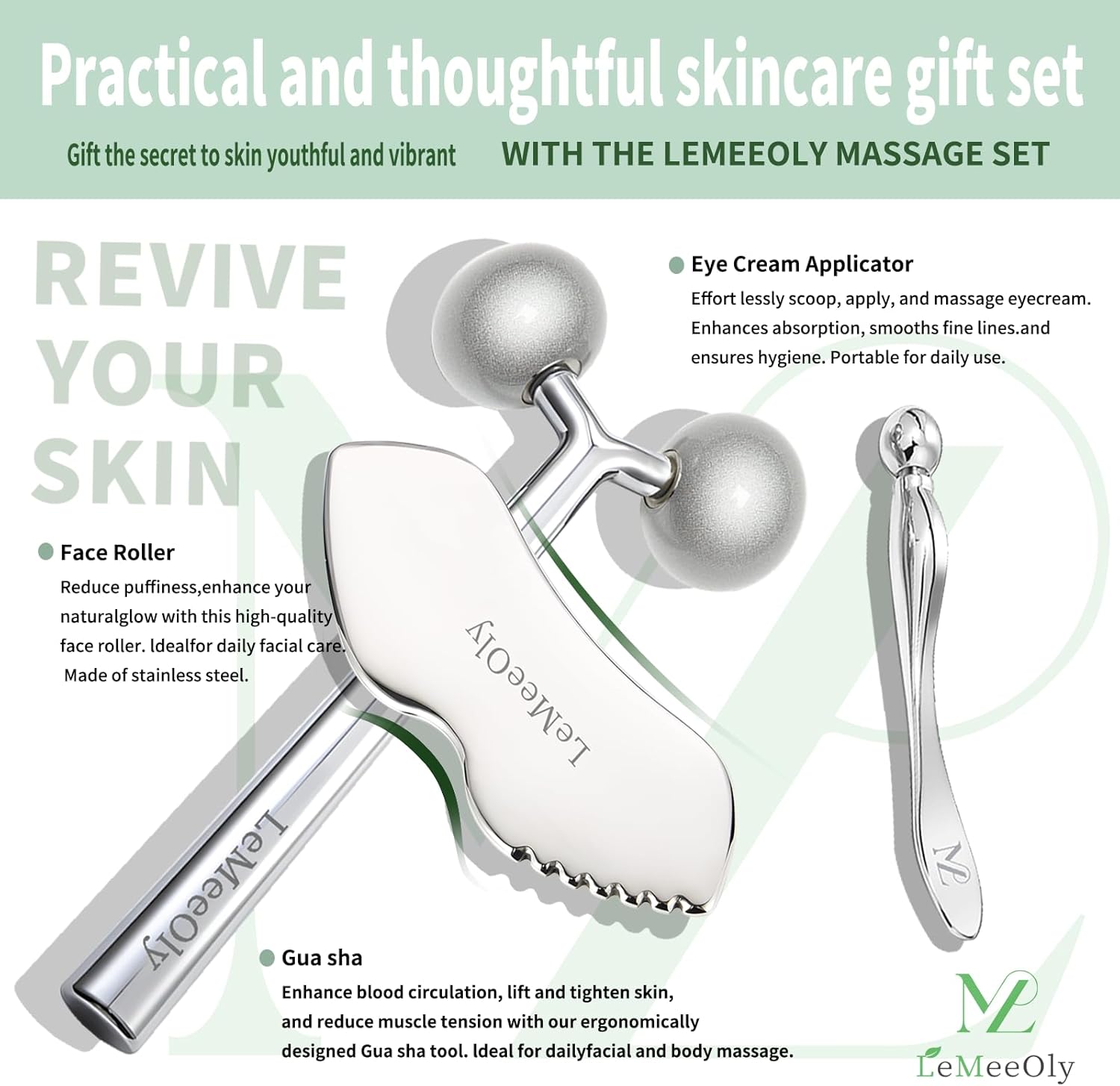 Face Roller Massager Skin & Gua Sha Facial Tools Stainless Steel, Facial Massage Skin Care for Face Neck Body, Reduce Puffiness Remove Wrinkles, Valentines Gift for Women-GlimoraGlow