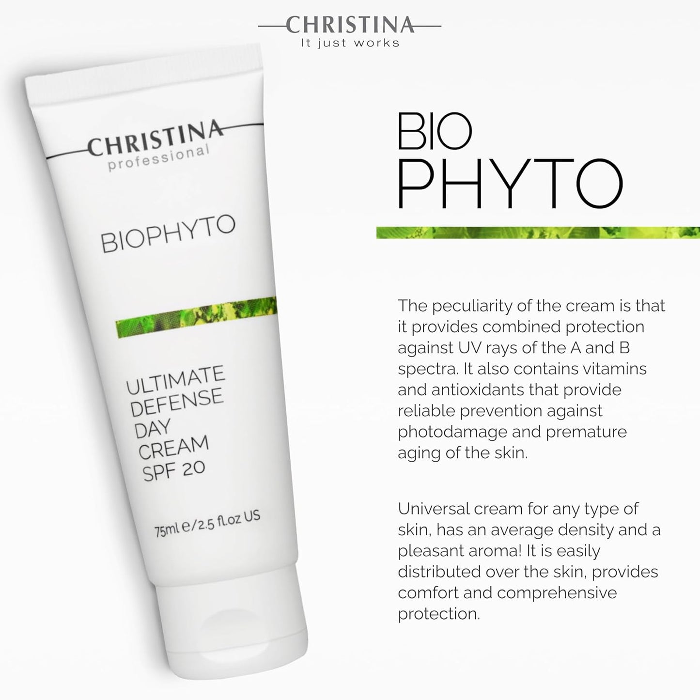 Christina Bio Phyto Ultimate Defense Day Cream Moisturizer with SPF 20-75 ml - Broad Spectrum UVA/UVB Protection Facial Moisturizer with Hyaluronic Acid & Vitamin B12- For Normal & Combination Skin-GlimoraGlow