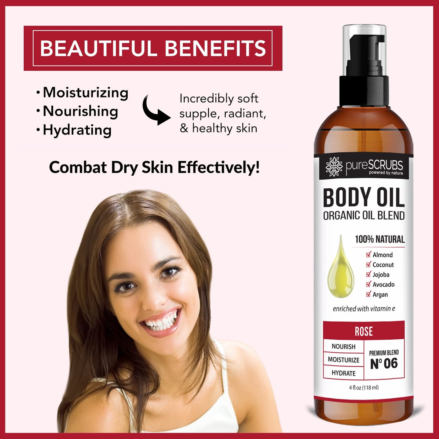 pureSCRUBS Ultra Moisturizing Rose Body Oil Spray for Dry Skin, Massage, Cuticles & More, Organic Super Blend of Jojoba, Argan, Coconut, Sweet Almond & Avocado Oils Enriched with Vitamin E, Lg 4oz-GlimoraGlow