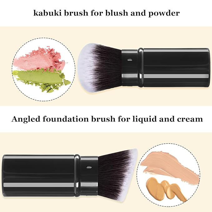 Makeup Brush 2 Pack, Retractable Travel Kabuki Powder Makeup Brush, Foundation Face Blush Brushes for Blending Liquid, Blush, Bronzer, Buffing, Sunscreen,Flawless Cosmetics-GlimoraGlow