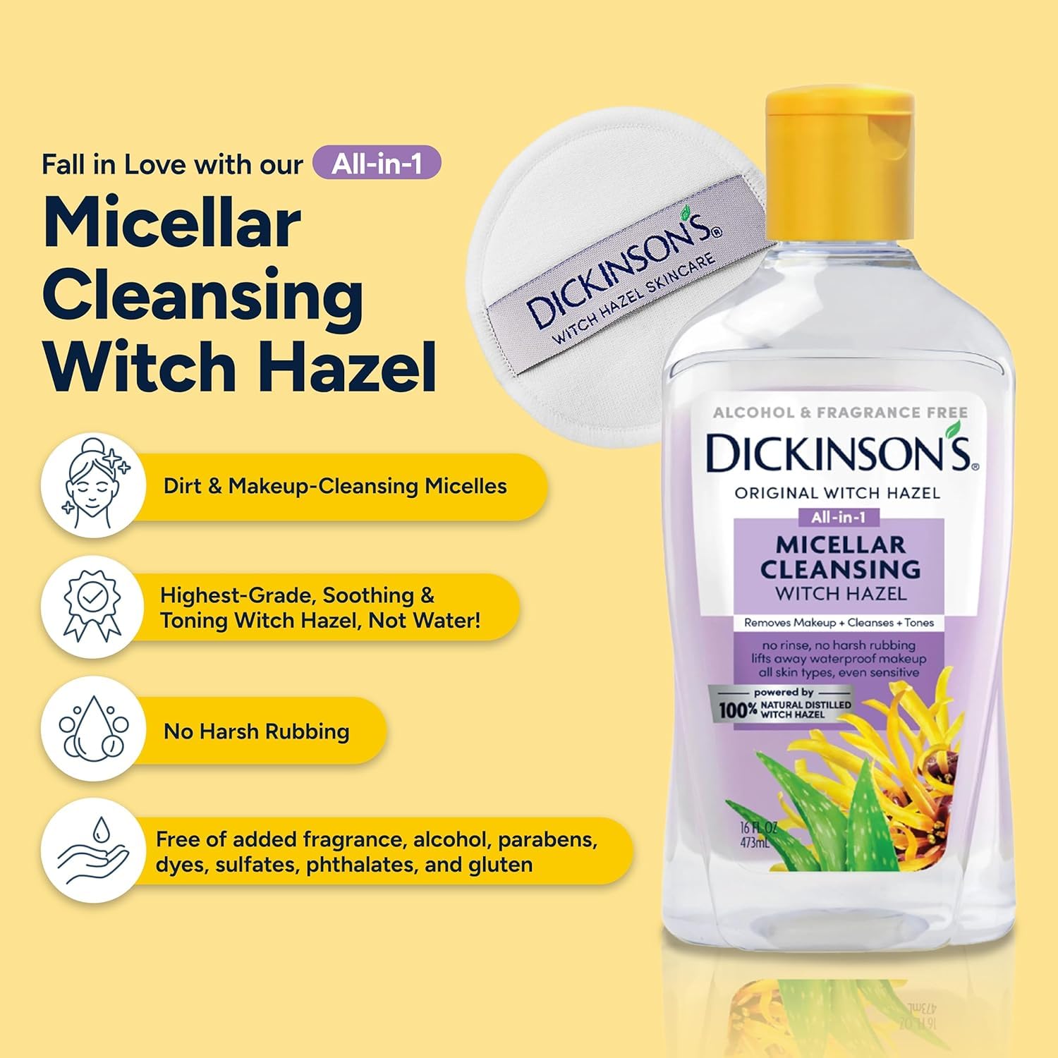 Dickinson's Micellar Cleansing Witch Hazel, An All-in-1 Makeup Remover, Pore Refiner, Skin Cleanser and Toner; Alcohol Free with Aloe, for Sensitive Skin, 16oz-GlimoraGlow